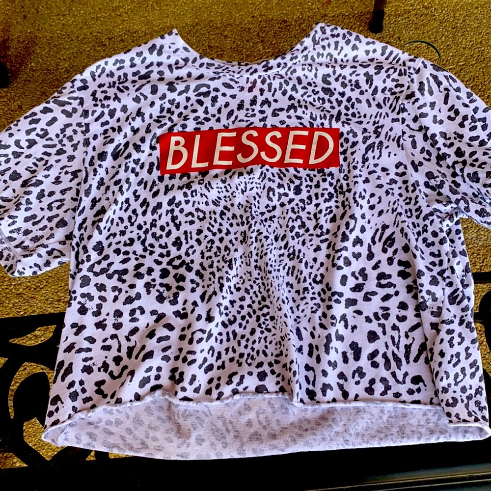 Grey and White Cheetah “BLESSED” Cropped T-Shirt